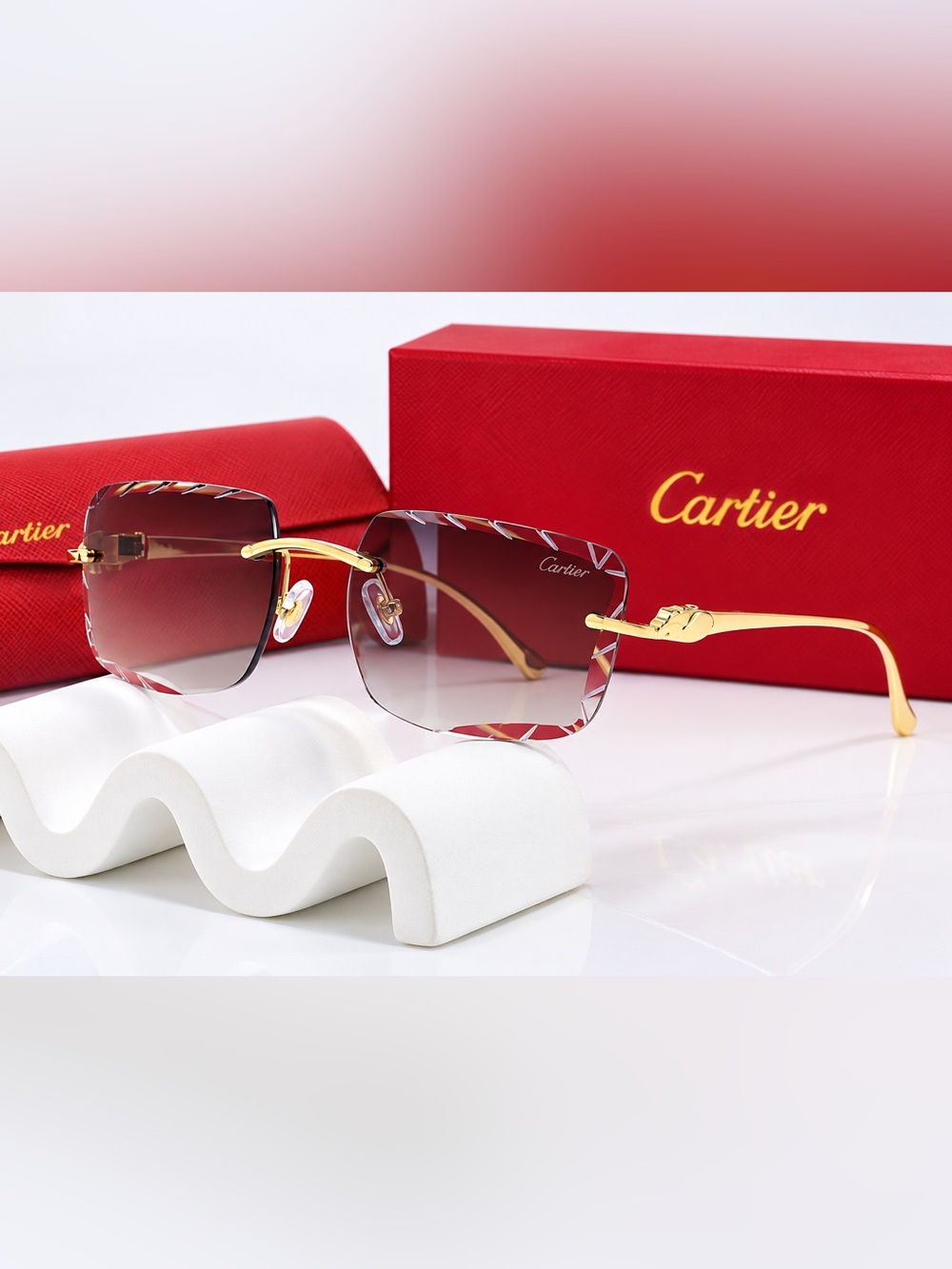 Cartier Women's Gold-Trim Red Gradient Rimless Sunglasses